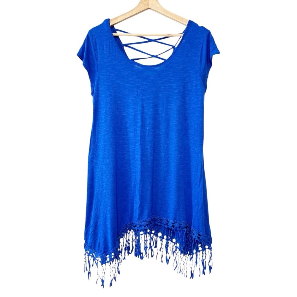Blue Island Resortwear‎ Royal Blue Coverup Crochet Short Sleeve Beach Top NWOT